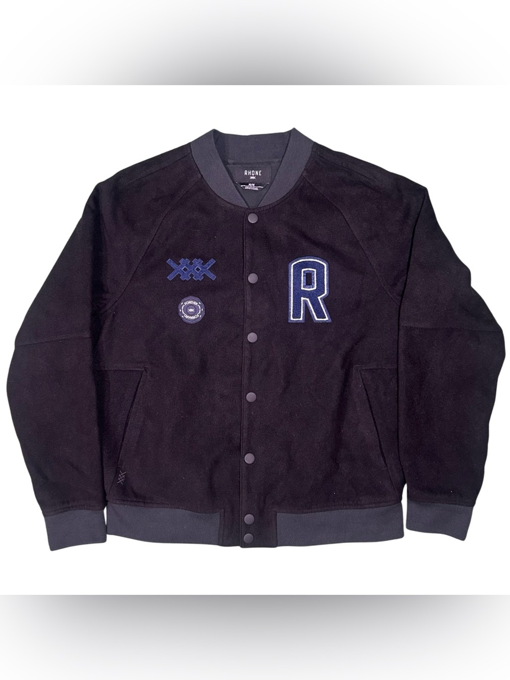 Rhone Black The Crew Varsity Forever Forward Patch Bomber Jacket NWOT M